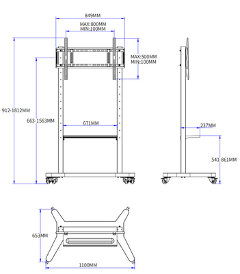 Support mobile réglable pour tableau blanc interactif 55/75/86 pouces roues verrouillables