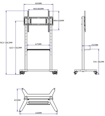 55" à 86" support de télévision mobile réglable avec roues, compatibilité pour 43" à 100" écrans plats/courbés jusqu'à 220 lbs cadre en acier, 5 options de hauteur, chariot de télévision roulant