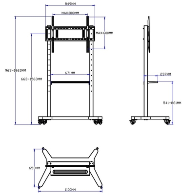 55" à 86" support de télévision mobile réglable avec roues, compatibilité pour 43" à 100" écrans plats/courbés jusqu'à 220 lbs cadre en acier, 5 options de hauteur, chariot de télévision roulant