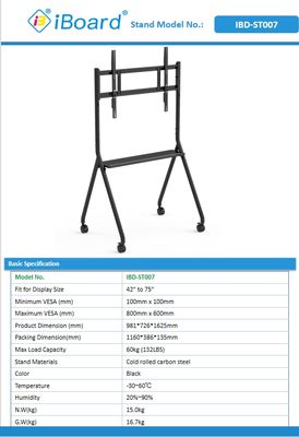 Nouveau arrivée Tableau blanc interactif mobile 42 à 75 pouces Moniteur de télévision Levé Mobile Stand Max roulement 60KGS roues puissantes facilement déplacer pour le tableau blanc interactif mobile stand