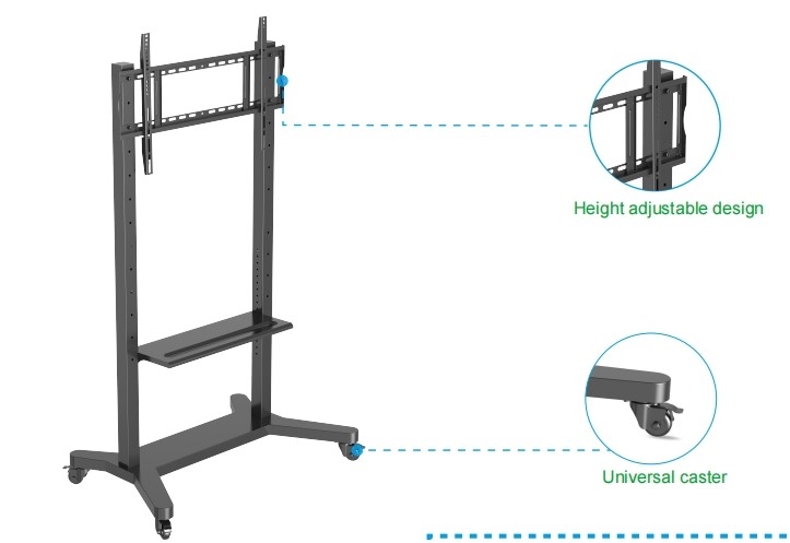 55" à 86" support de télévision mobile réglable avec roues, compatibilité pour 43" à 100" écrans plats/courbés jusqu'à 220 lbs cadre en acier, 5 options de hauteur, chariot de télévision roulant
