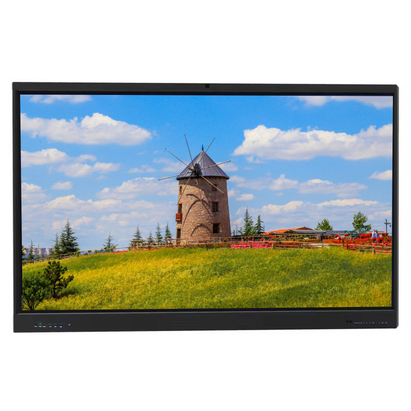 Tableau blanc interactif LED intelligent 65 pouces 4K UHD avec écran tactile Android 14, caméra, micro, haut-parleur PC et WiFi intégrés. Parfait pour l'enseignement scolaire, les conférences et l'utilisation au bureau.