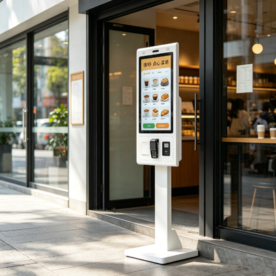 Borne de commande en libre-service tactile capacitive avec appareil photo scanner QR et imprimante de reçus